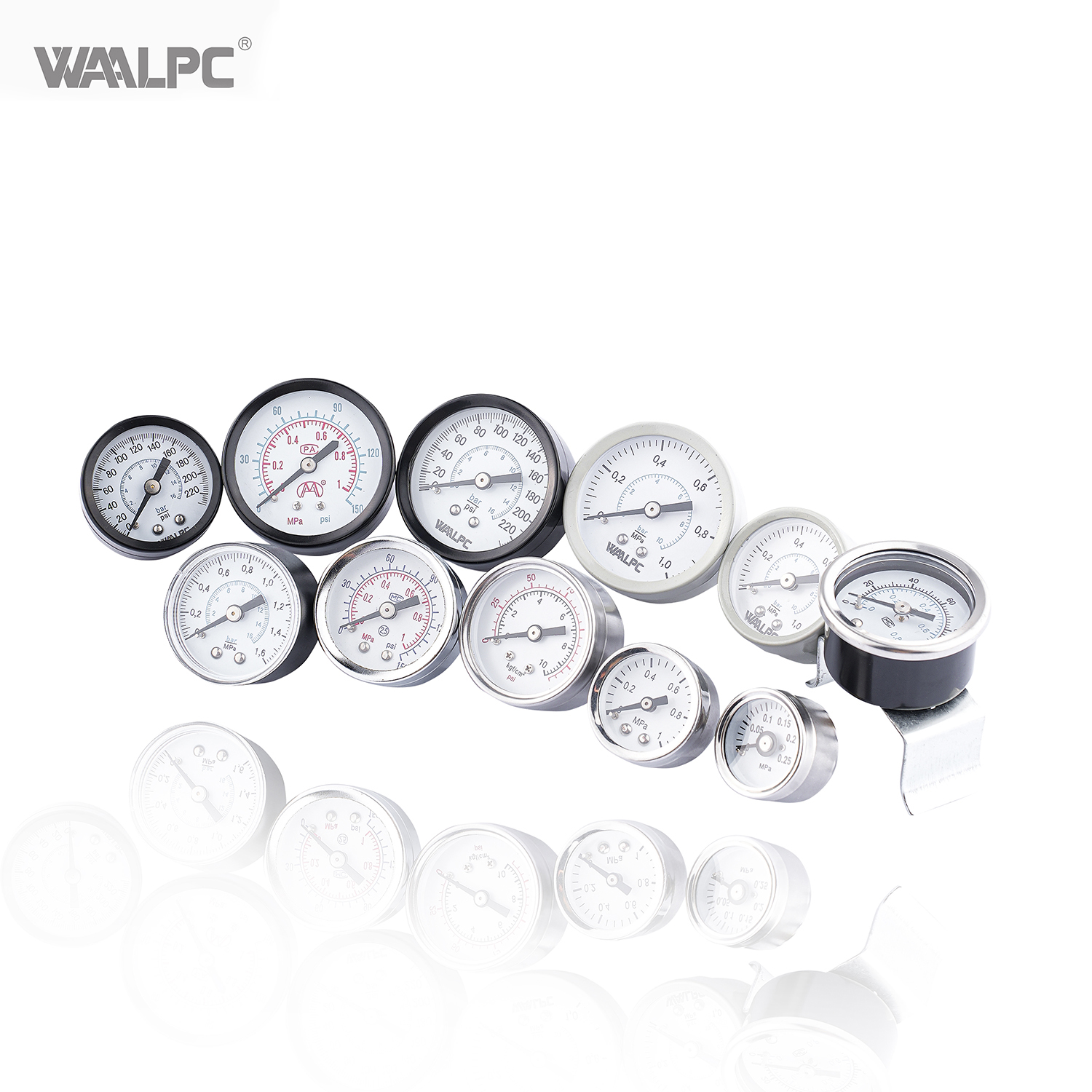 不锈钢压力表 40mm 50mm 60mm 铝合金 1/4'' 1/8'' 接口尺寸 10~16bar 底部连接 背面连接 