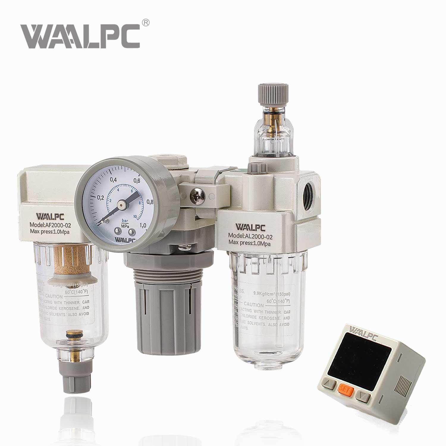 WAALPC SMC 白色气动过滤减压阀 AW2000-02 G1/4'' 0.05-0.85MPa 带外部压力表和电子显示 