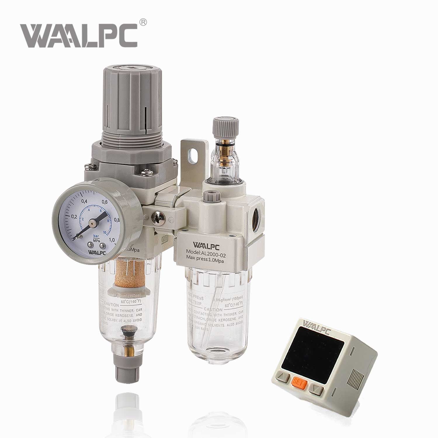 WAALPC SMC 白色气动过滤减压阀 AW2000-02 G1/4'' 0.05-0.85MPa 带外部压力表和电子显示 